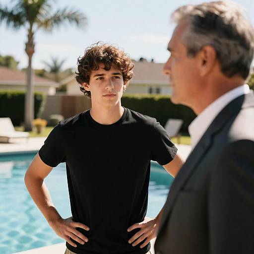 Photograph of a young man with curly brown hair, wearing a black t-shirt, standing confidently by a pool, facing an older man in a suit