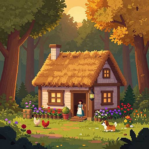 Pixel Art Rustic Cottage Sunrise