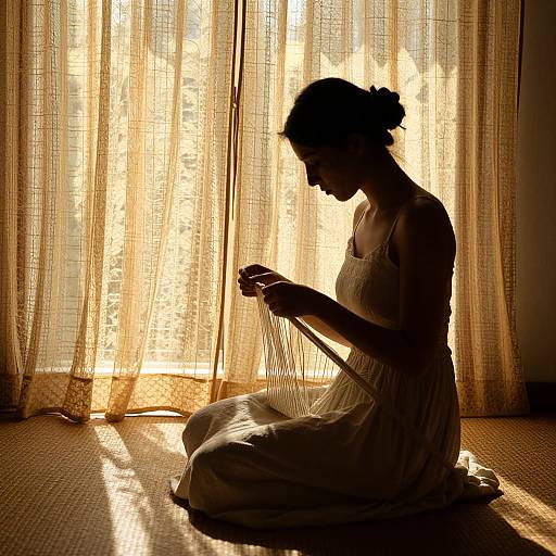 Silhouetted woman in a dress, kneeling and weaving, bathed in warm sunlight through sheer curtains in a softly lit room.