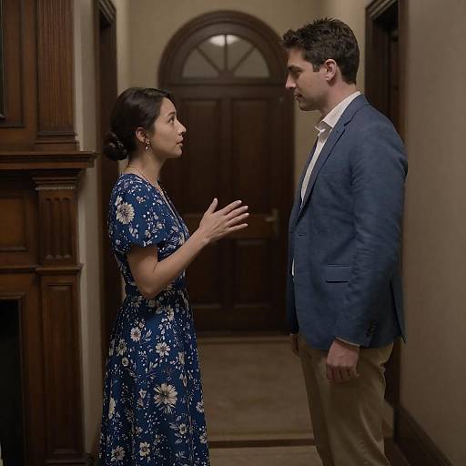 Serious Conversation in Elegant Hallway