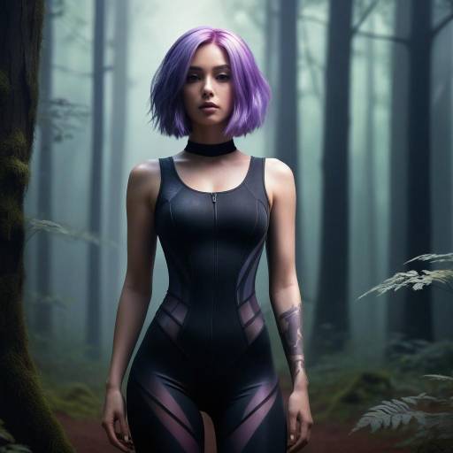 Woman with Purple Hair in Black Suit in Forest
