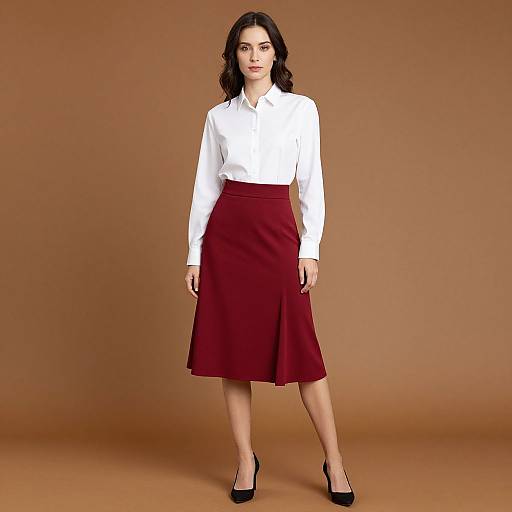 Photograph of a woman with dark hair, wearing a white long-sleeve blouse, maroon knee-length skirt, and black high heels, standing