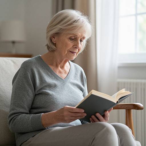 Photograph of an elderly woman with short gray hair, wearing a gray sweater and beige pants, reading a book in a sunlit room.