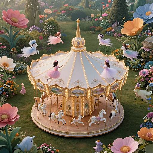 Whimsical CGI garden scene with a glowing, ornate carousel surrounded by colorful flowers, dancing birds, and small fairy-like figures on a lush,