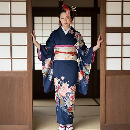 Photograph of a young Asian woman in a traditional navy blue floral kimono, standing in a wooden Japanese doorway, with a pink hairpin in her