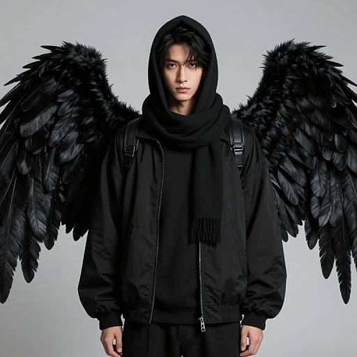 Photograph of a young man with black wings, wearing a black hooded jacket, scarf, and backpack, standing against a light gray background.