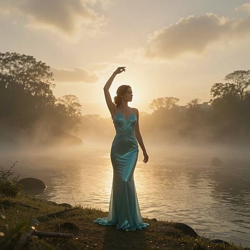 Photograph of a woman in a shimmering blue evening gown, standing by a misty lake at sunset, with trees in the background. She raises