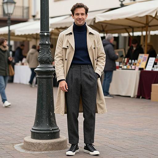 Photograph of a stylish man with light brown coat, black turtleneck, high-waisted gray trousers, and white sneakers, standing beside a