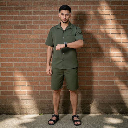 Photograph of a young, light-skinned man with short black hair and beard, wearing a green short-sleeve shirt, matching shorts, and