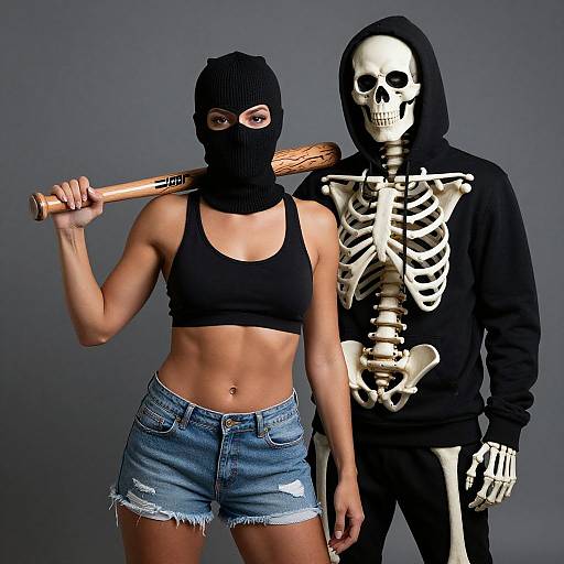 Photograph of a fit woman in black sports bra, denim shorts, mask, holding bat; standing beside skeleton man in hoodie, gray background.