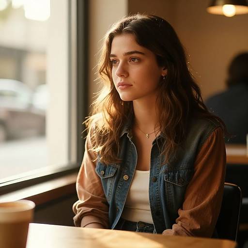 Photograph of a young woman with wavy brown hair, wearing a denim jacket over a white top, sitting in a sunlit café, gazing