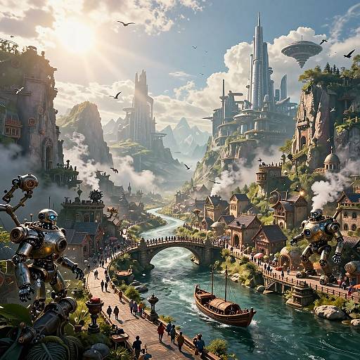 Fantasy cityscape digital art: Sunlit, cloud-filled valley with towering spires, bustling river, medieval buildings, people, boats, and flying