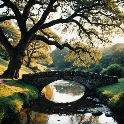 Stone Bridge Under Oak Tree Canopy at Sunrise Stone Bridge Under Oak Tree Canopy at Sunrise