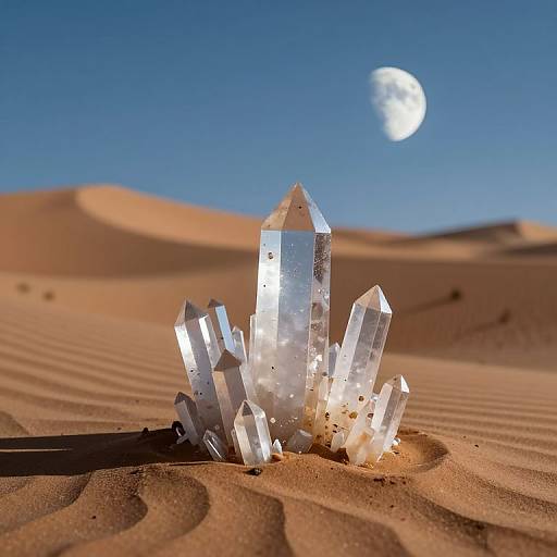 Crystalline cluster in desert sand under bright moon, with rolling dunes and clear blue sky in the background. Photograph.