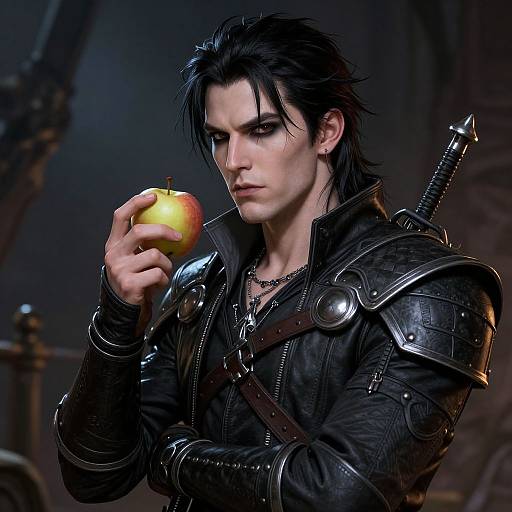 Digital artwork of a serious, dark-haired, pale-skinned male warrior holding a red apple, wearing black leather armor with silver shoulder plates. Sword she