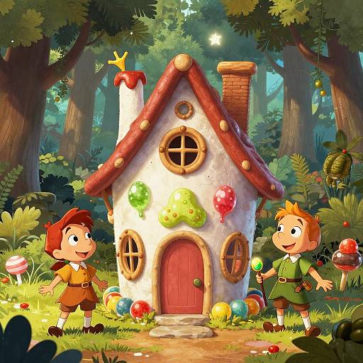 Whimsical Hansel and Gretel Cartoon Scene