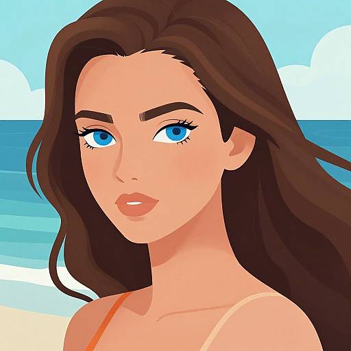 Digital illustration of a beautiful woman with long brown hair, blue eyes, and fair skin, wearing a strapless top, against a beach background with blue