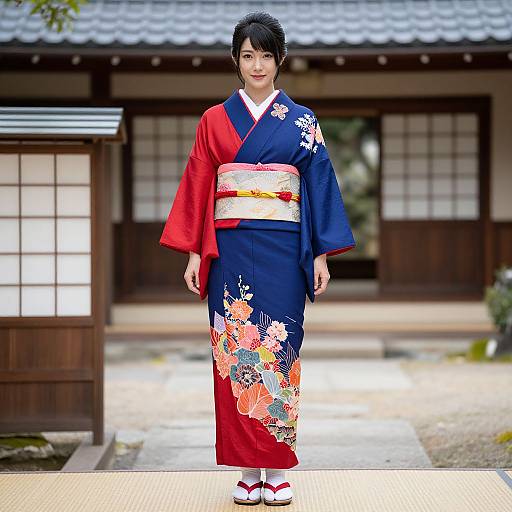 Photograph of an Asian woman in a traditional blue and red kimono with floral patterns, standing in front of a Japanese wooden house.