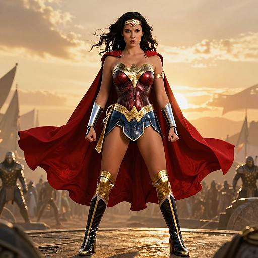 Digital artwork of Wonder Woman standing confidently in a sunset battlefield, wearing a red cape, gold and red armor, with armored warriors in the background.
