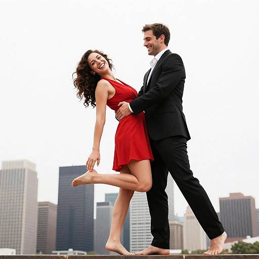 Happy Couple Dancing Barefoot Against City Skyline
