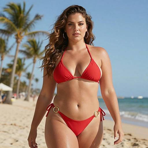 Curvy Woman in Red Bikini on Beach