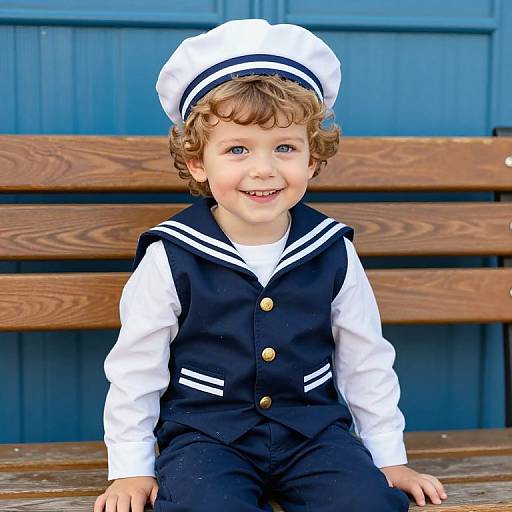 Cute curly-haired toddler in a white sailor hat and navy sailor outfit with gold buttons, smiling on a wooden bench against a blue wooden wall. Photograph