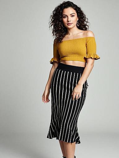 Woman in Mustard Crop Top and Striped Skirt