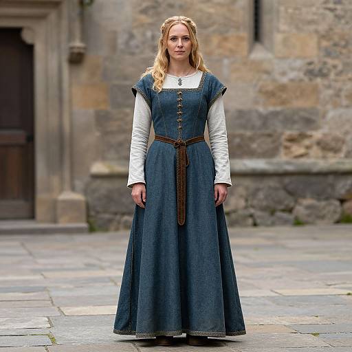 Photograph of a blonde woman in a long, blue, medieval-style dress with white sleeves, brown belt, standing in a stone courtyard.