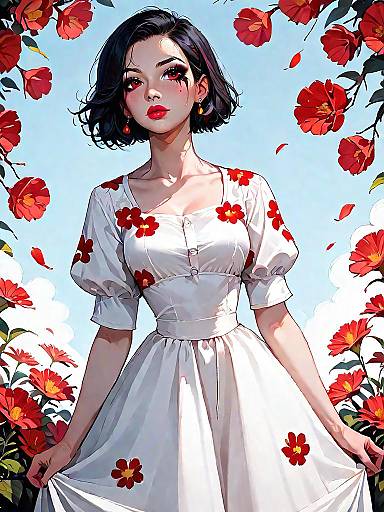 Woman in Cream Floral Dress with Red Flowers