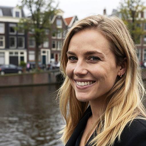 Photograph of a smiling blonde woman with light skin and blue eyes, standing by a cobblestone canal in a European city with tall, narrow buildings