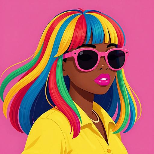 Digital illustration of a dark-skinned woman with vibrant rainbow hair, pink sunglasses, pink lipstick, and yellow shirt against a pink background.