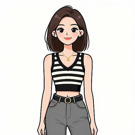 Digital anime-style drawing of a smiling young woman with fair skin, black shoulder-length hair, wearing a black-and-white striped crop top and high-wa