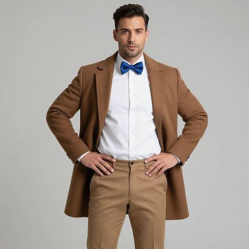 Photograph of a handsome man with short dark hair, brown coat, white shirt, blue bow tie, and tan pants, standing confidently with hands on
