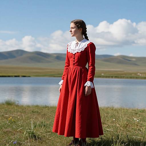 Photograph of a young woman with braided hair, wearing a red dress with white lace collar, standing by a lake with rolling hills and a clear