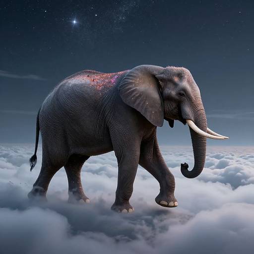 Digital artwork of a majestic elephant with sparkling red dust on its back, standing on fluffy clouds under a starry night sky.