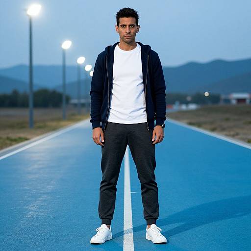 Photograph of a serious, short-haired, medium-skinned man in a black jacket, white t-shirt, black pants, and white sneakers standing on