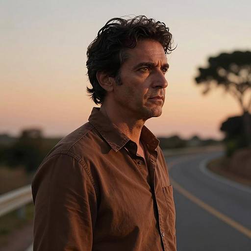 Middle-aged man at sunset by curved road