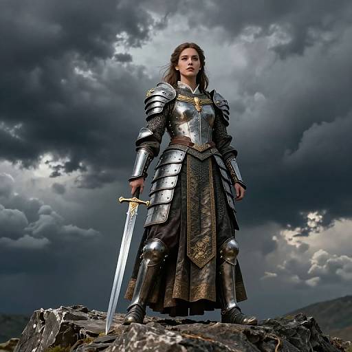 Photorealistic digital artwork of a fierce female warrior in silver armor with a sword, standing on a rocky cliff under a dramatic, cloudy sky.