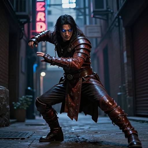 Photorealistic CGI of a muscular man with long black hair, glowing blue eyes, wearing dark brown leather armor, crouching in a neon-l