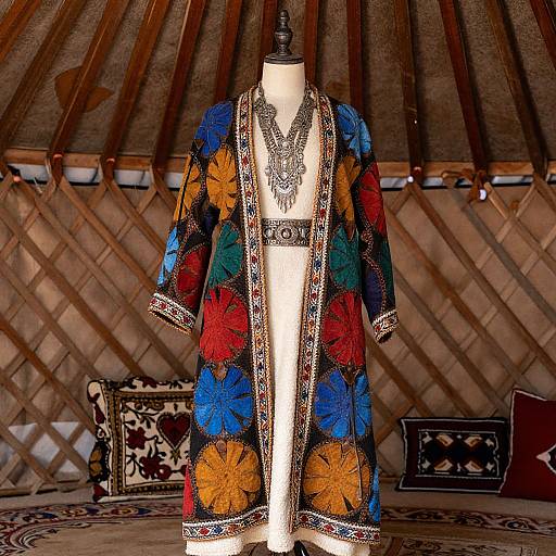 Photograph of a mannequin displaying a colorful, floral-patterned robe with intricate gold trim, set against a traditional yurt interior.