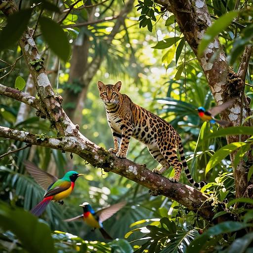 Photograph of a leopard perched on a tree branch in a lush, sunlit jungle, with vibrant blue-and-yellow macaws flying around.