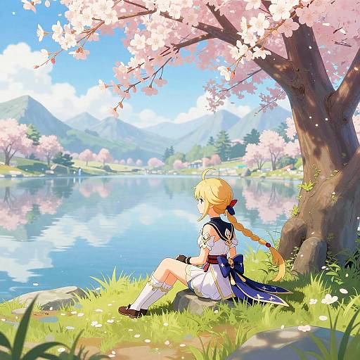 Genshin Impact Girl by Cherry Blossom Lake