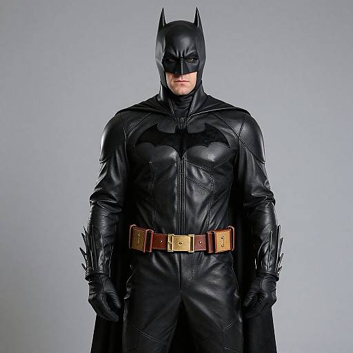 Photograph of a muscular man in a black Batman suit with a leather cowl, gloves, and brown belt, standing against a gray background.