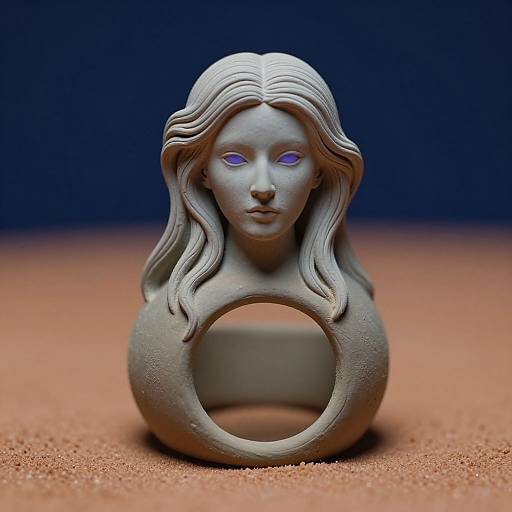 Photograph of a gray, sculpted ring with a serene, glowing purple-eyed female face, set against a blue background and orange textured surface.