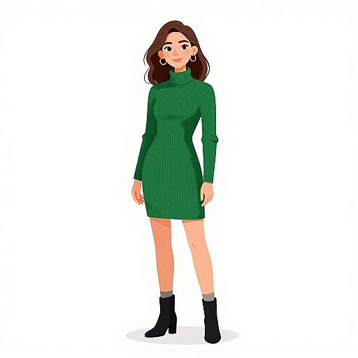 Digital illustration of a smiling woman with medium-length brown hair, wearing a green rib-knit turtleneck dress, black ankle boots, and gold hoop