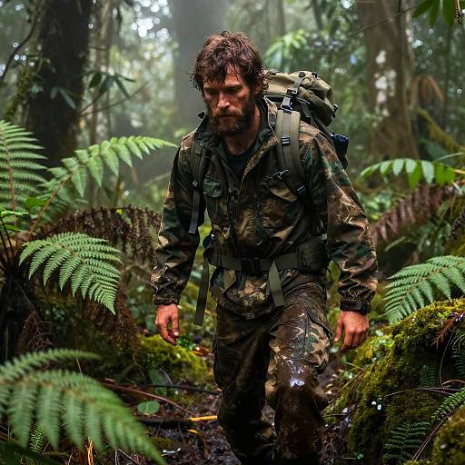 Rugged Man Trekking Misty Jungle