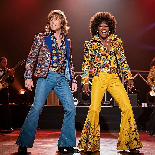 Photograph of a smiling, curly-haired white man in colorful jacket and blue jeans, and a dark-skinned woman with afro in yellow pants and