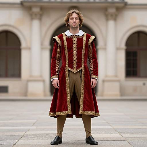 Photograph of a young man with curly hair in a red and gold Renaissance-style velvet long coat, brown pants, and black shoes, standing in front