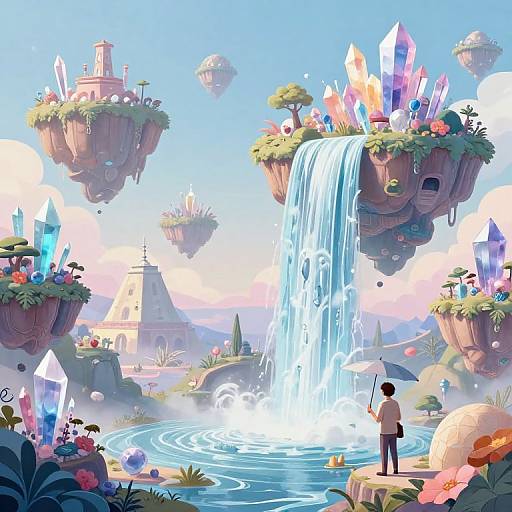 Digital fantasy artwork: A person stands by a crystal-filled waterfall, gazing at floating islands with vibrant flora and colorful crystals.