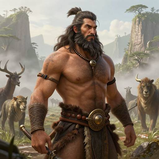CGI image of a muscular, bearded barbarian with long black hair, wearing fur loincloth, leather arm bands, and necklace, standing